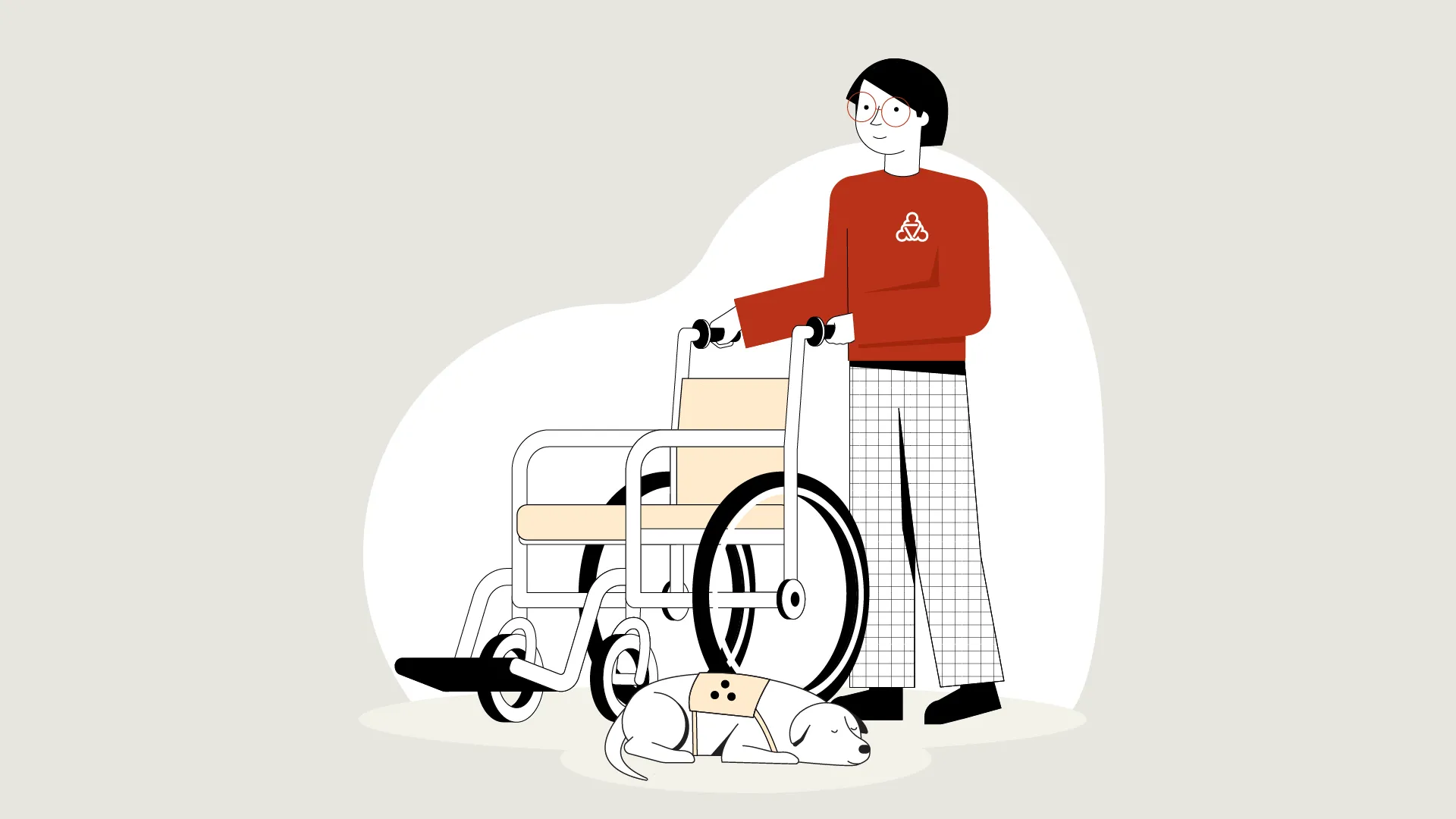 Der Wegweiser schiebt einen Rollstuhl. Vor ihm liegt ein Hund.