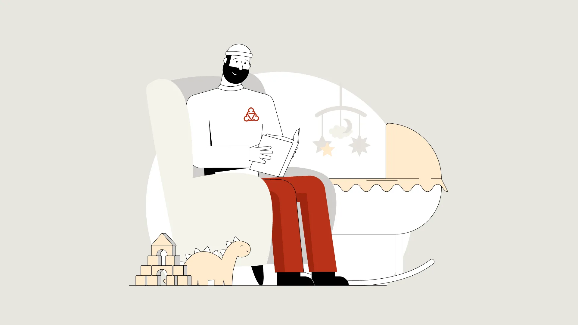 illustration des Wegweisers. Er sitzt mit einem Buch n der Hand in einem Sessel.Daneben steht eine Babywiege. Vor ihm liegen Kinderspielzeuge.