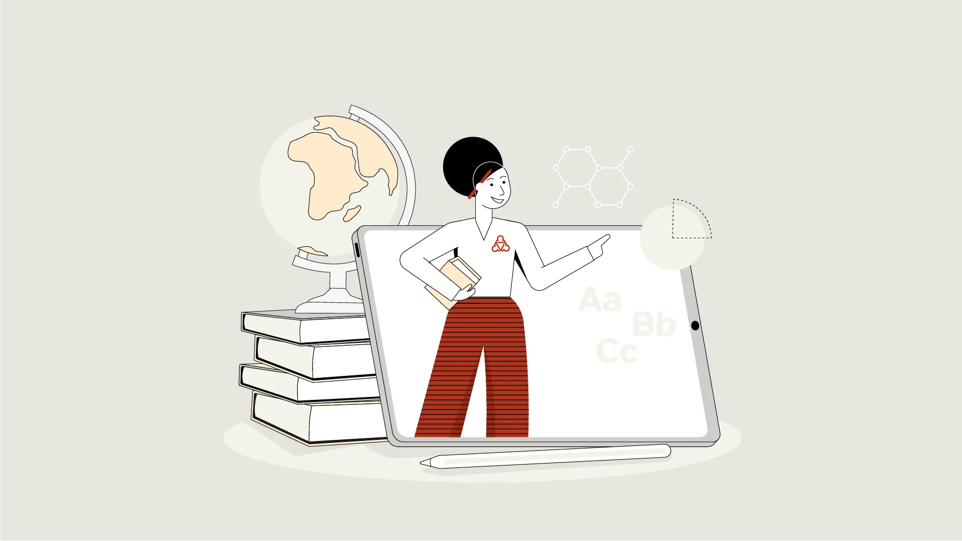 Die Wegweiserin schaut aus einem Tablet heraus, welches an einen Stapel Bücher angelehnt horizontal aufgestellt ist. Sie zeigt auf Symbole, die mit der Schule zusammenhängen.