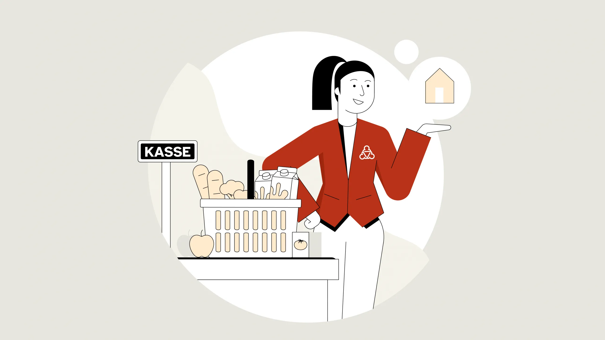 Die Wegweiserin, illustriert mit einem schwarzen Pferdeschwanz und rotem Jackett, steht an der Kasse. Neben ihr ein Korb voller Einkäufe. Über ihrer Hand schwebt eine Gedankenblase  mit einem Haus.