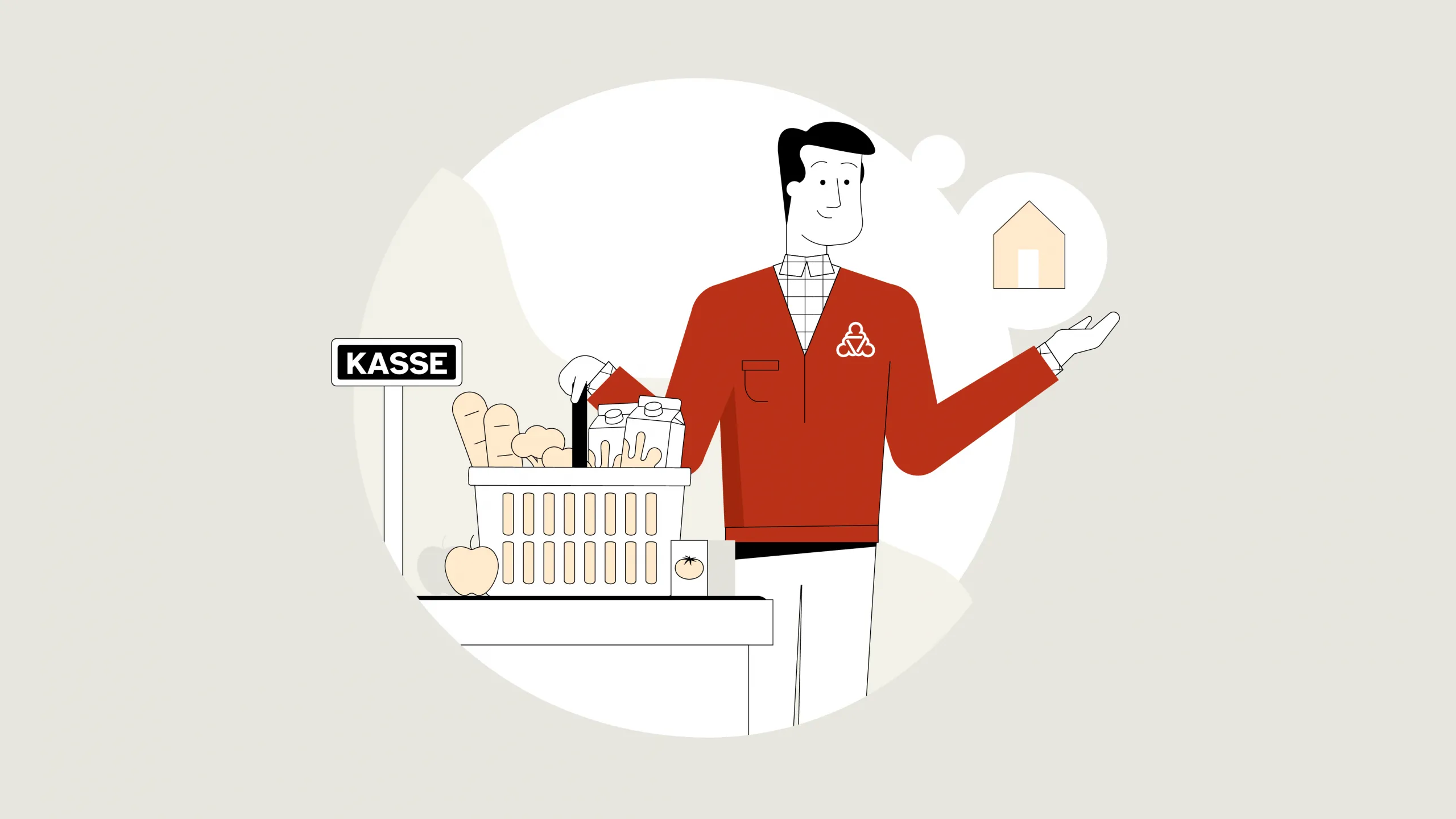 Illustration des Wegweisers. Vor ihm steht ein voller Einkaufskorb, dahinter sieht man ein Schild, auf dem Kasse steht. Eine Gedankenblase zeigt ein Haus.