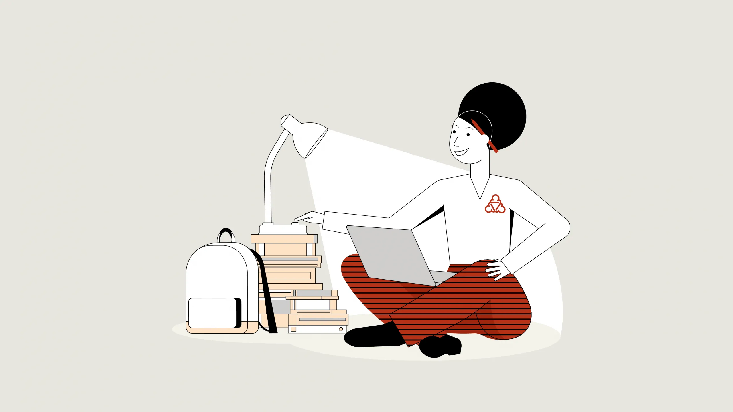Illustration der Wegweiserin. Sie sitzt im Schneidersitz auf dem Boden, auf ihren Beinen ein Laptop. Neben ihr ein Rucksack sowie ein Stapel Bücher und eine Lampe. Der Lichtkegel ist auf die Wegweiserin gerichtet.