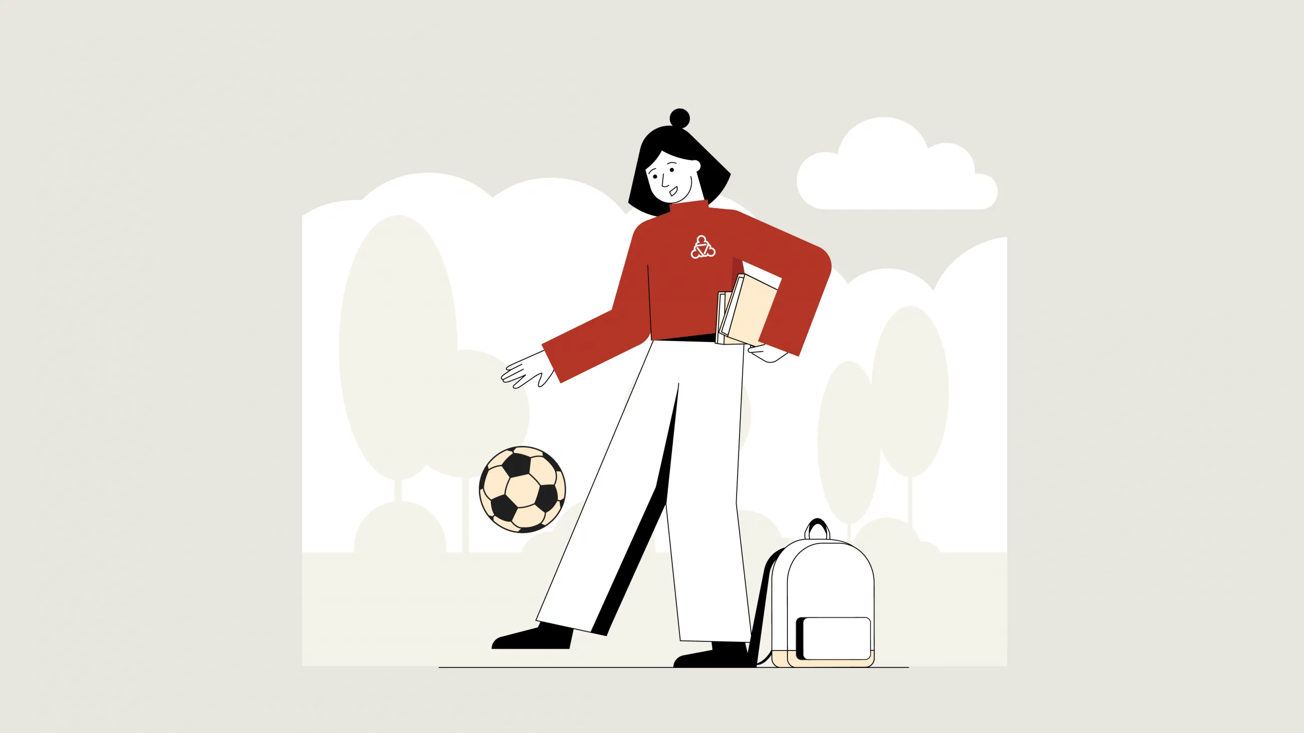 Illustration der Wegweiserin. Sie spielt mit einem Fußball. Neben ihr steht ein Rucksack. Unter dem linken Arm trägt sie zwei Bücher.