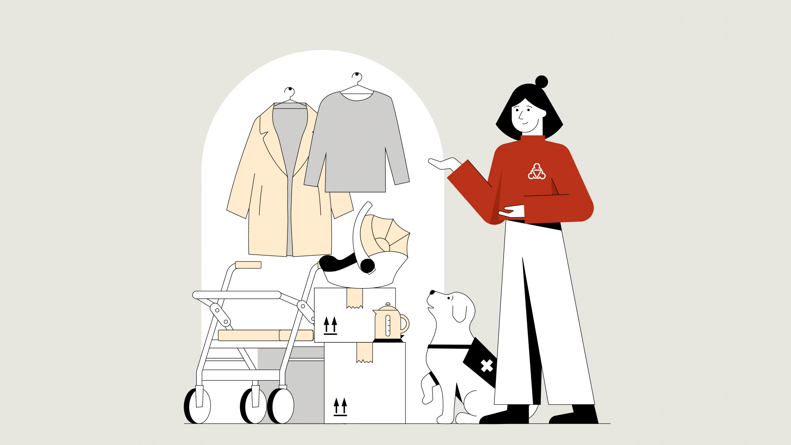 Illustrierte Wegweiserin, Frau mit schwarzen Haaren zeigt auf eine Wand mit Kleidung an Haken, einem Rollator,  Umzugskartons und einer Babytrage.