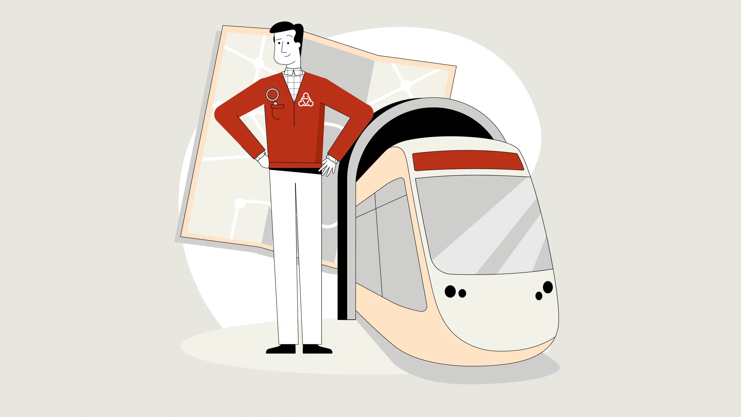 Illustration des Wegweisers. Er steht neben einem Zug. Man sieht den Zug von vorne. Daneben ist eine große Karte illustriert.