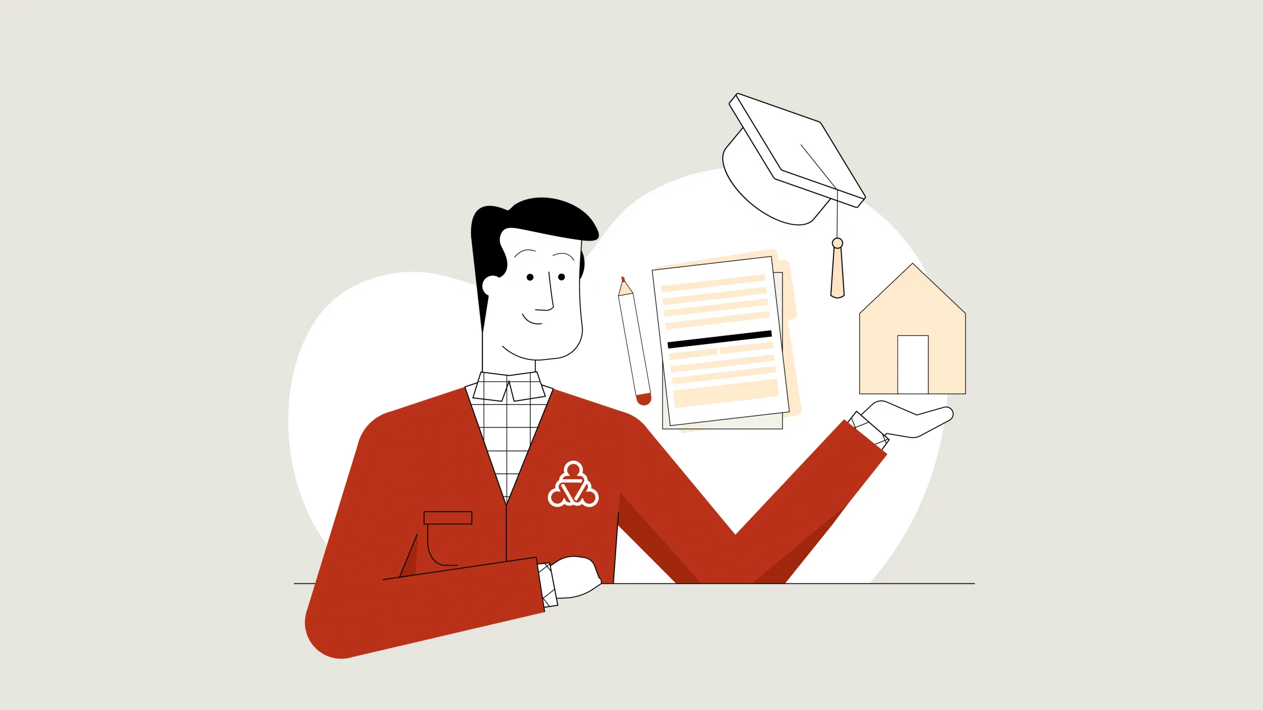 Illustration des Wegweisers. Er ist umgeben von Schulbedarfsgegenständen.