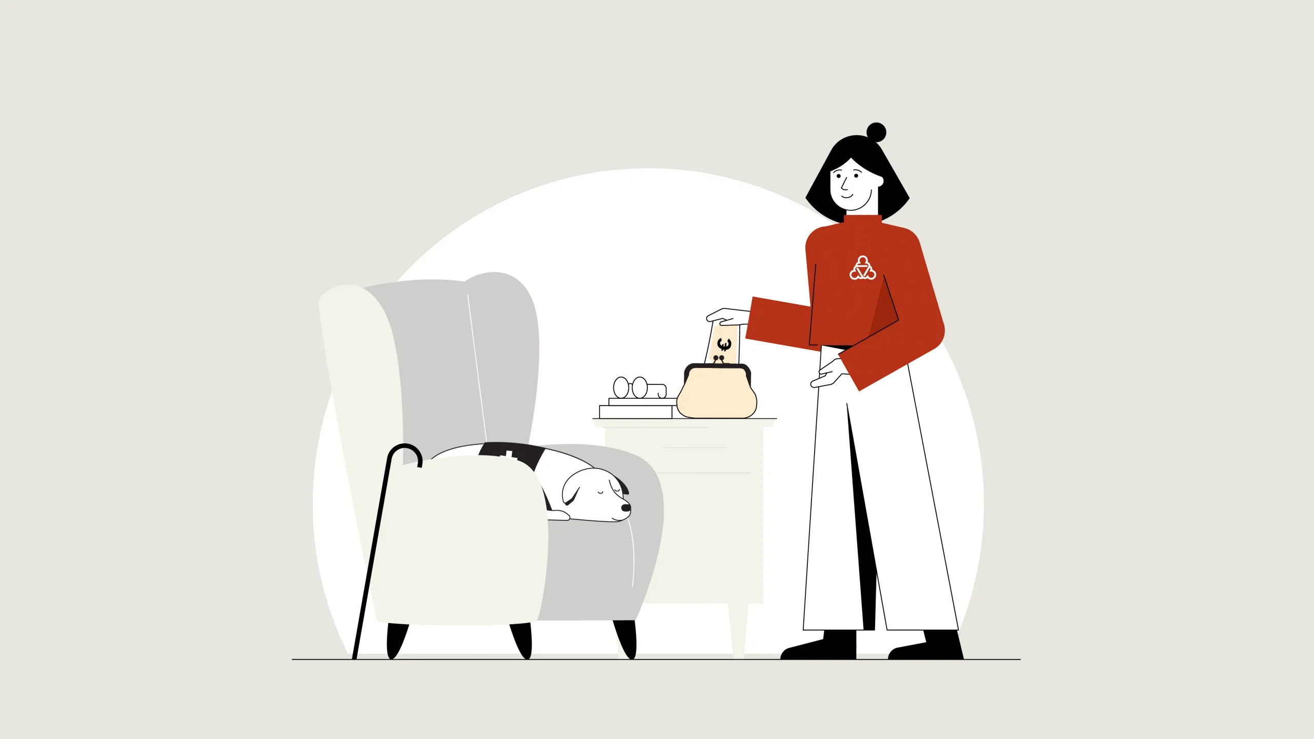 Die Wegweiserin, eine weibliche Figur mit schwarzen Haaren, rotem Shirt und weißer Hose steht vor einem Sessel. Auf diesem liegt ein Hund. Die Figur wirft Geld in ein Portemonnaie, das auf dem Tisch neben dem Sessel steht.