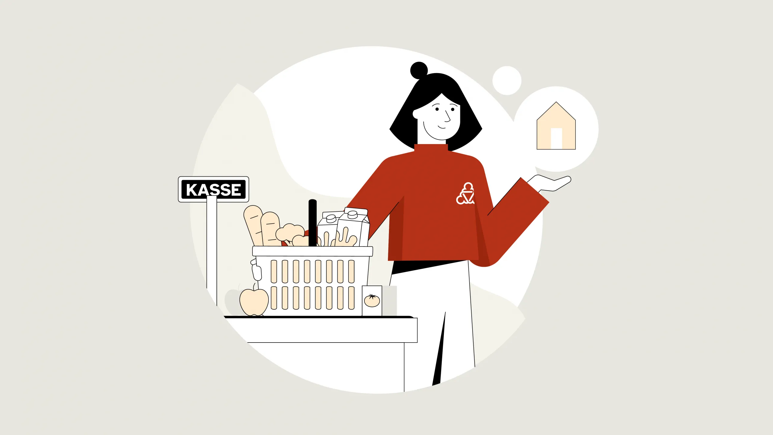 Eine illustrierte Figur steht an der Kasse mit Einkäufen.