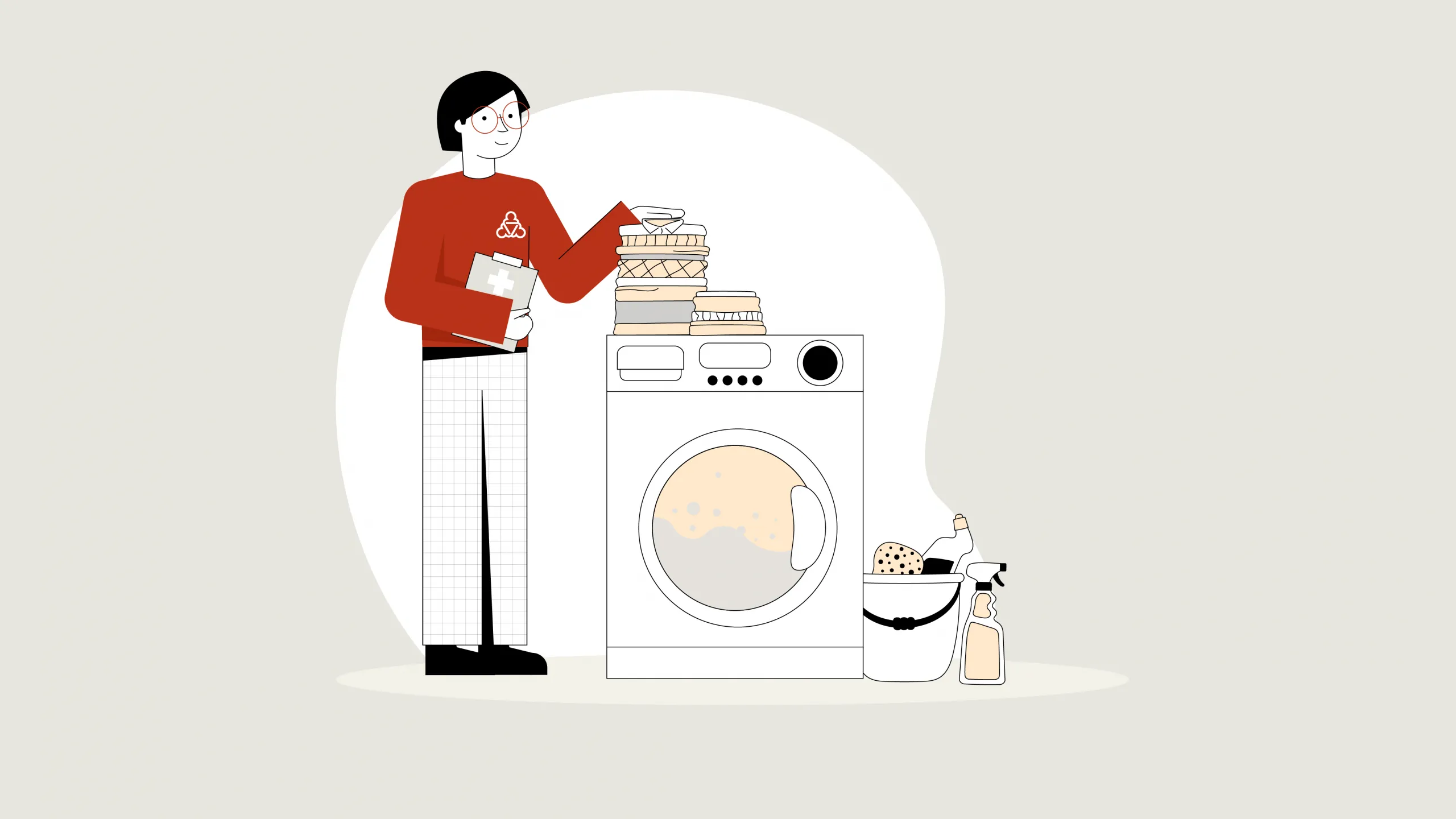 Die Wegweiserin steht an einer Waschmaschine. Es sind ebenfalls Putzmittel zu sehen.