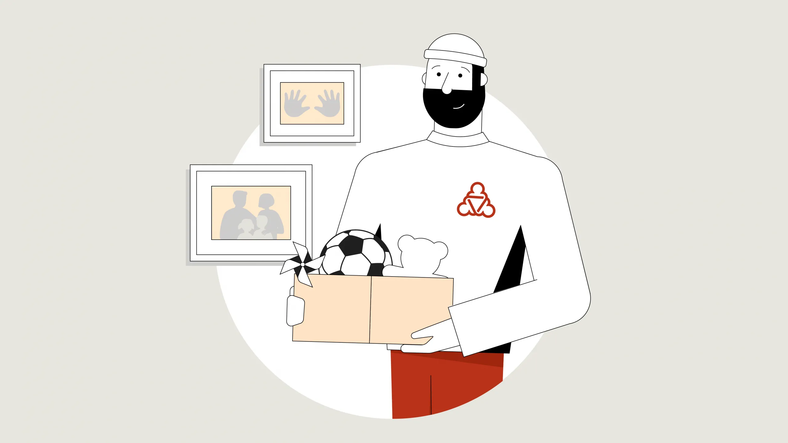 Illustration des Wegweiser. Er hält eine Kiste mit Spielzeug in der Hand. 