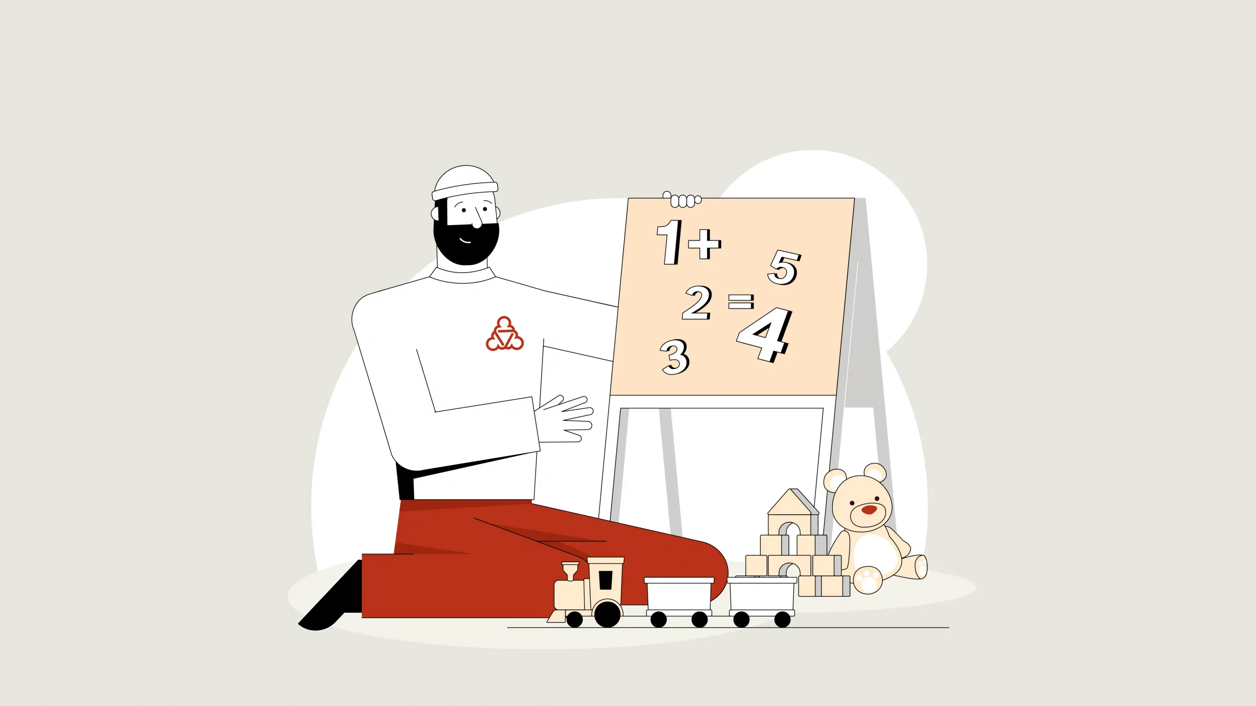 Illustration des Wegweisers. Er sitzt auf dem Boden und hat eine ABC-Tafel vor sich. Vor der Tafel liegen weitere Spielzeuge.