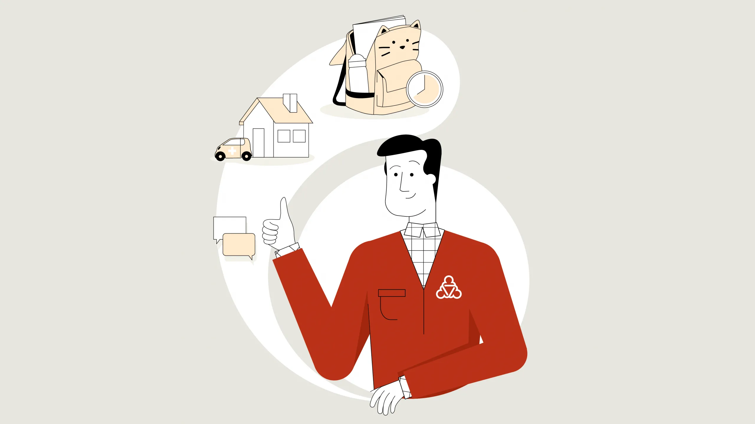 Der Wegweiser umgeben von einem Rucksack, einem Haus und Sprechblasen.