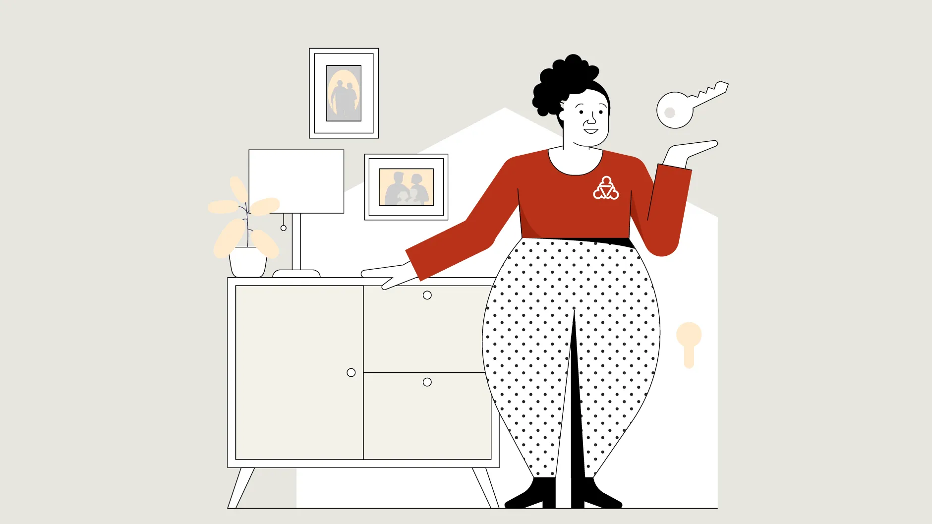 Illustration der Wegweiserin. Sie steht vor einem Sideboard. Über dem Sideboard sind Bilder an der Wand zu sehen. Über ihrer linken Hand schwebt ein Schlüssel.