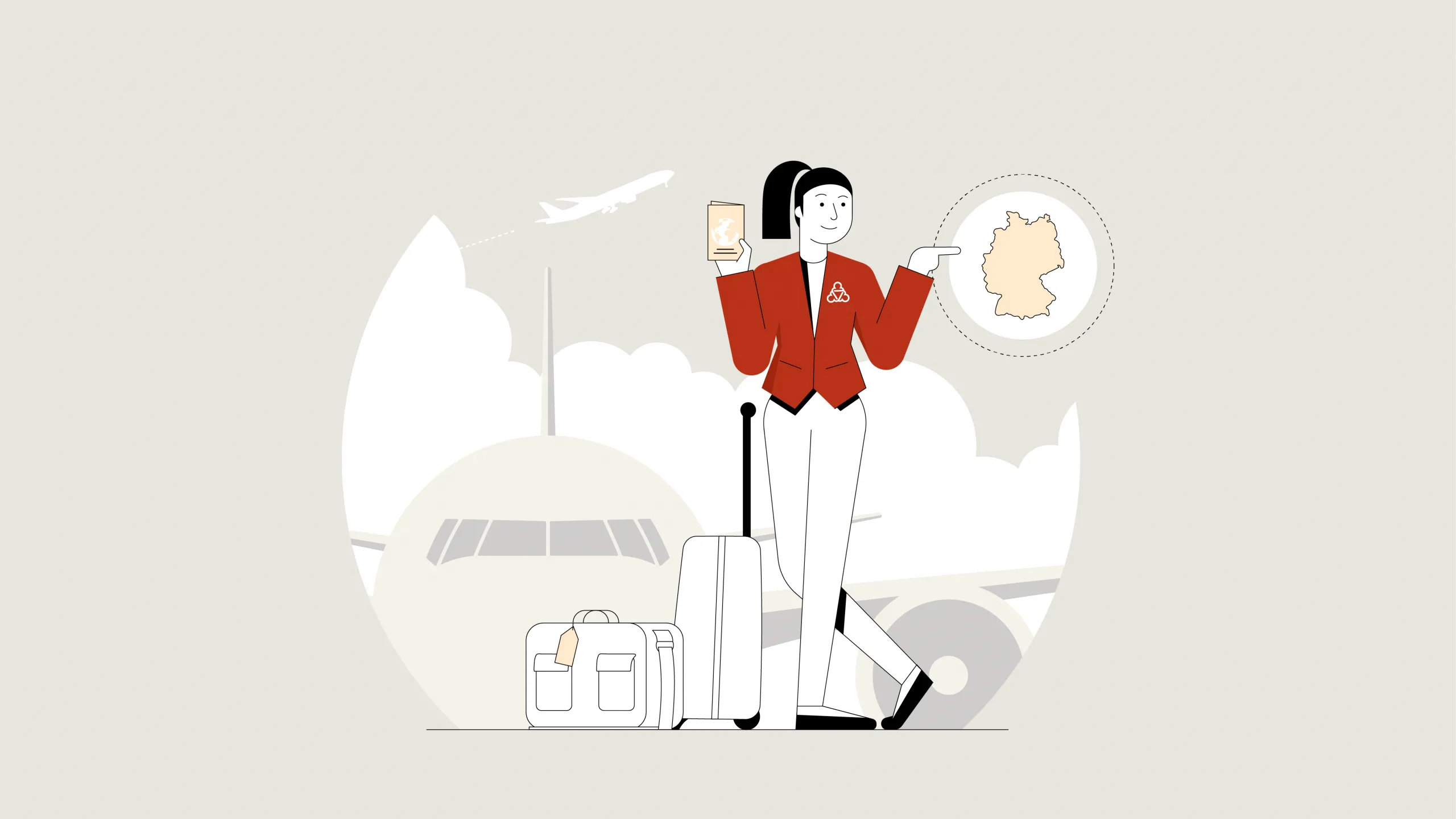Die illustrierte  Wegweiserin steht vor einem Flugzeug, neben ihr stehen Koffer.In der Hand hält sie einen Pass, mit der linken Hand zeigt sie auf eine Karte von Deutschland.