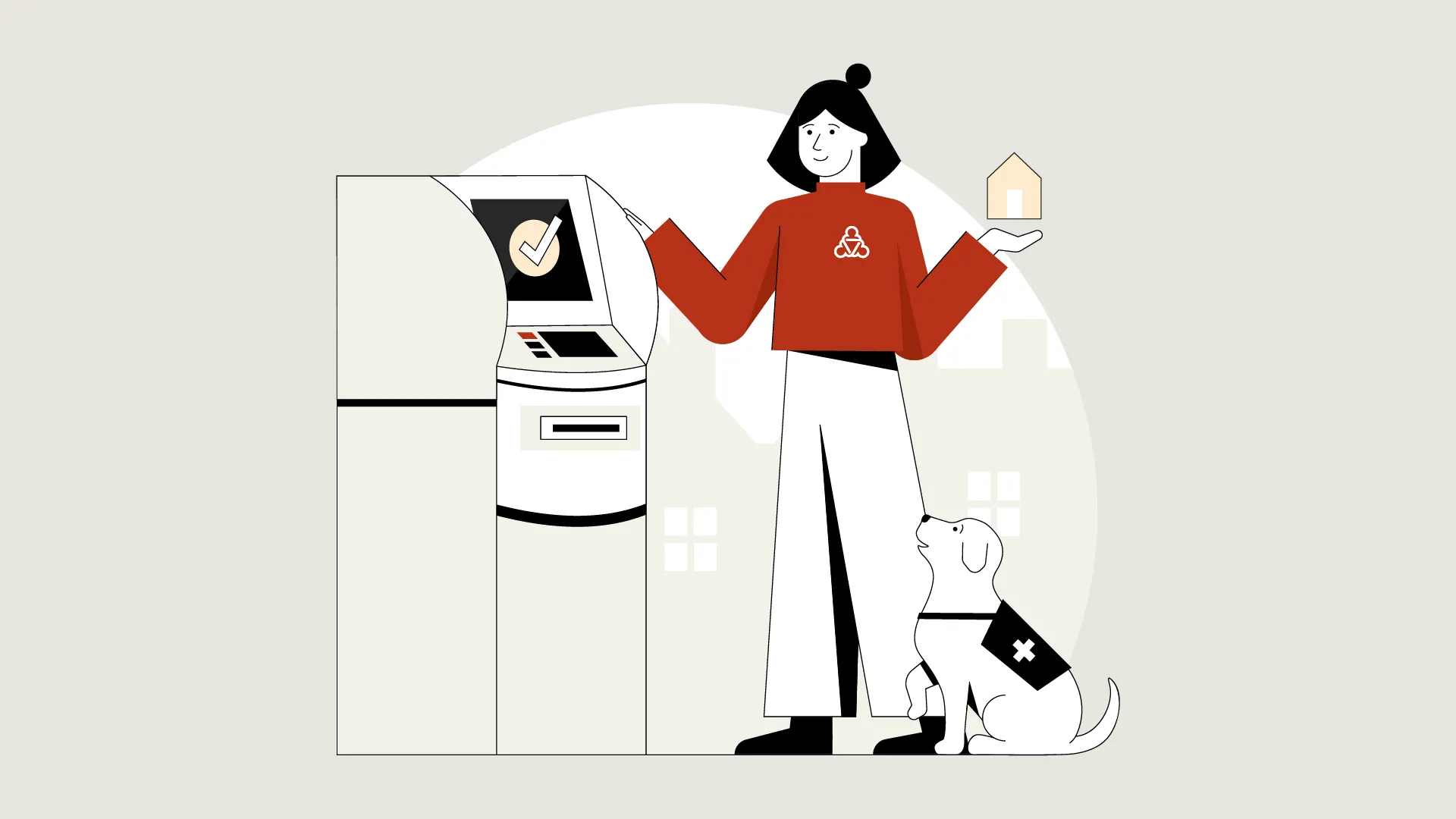 Illustration der Wegweiserin. Sie hat schwarze Haare, ein rotes Oberteil mit dem logo der Sozialplattform und eine weiße Hose an. Sie steht an einem Bankautomaten. Neben ihr sitzt ein Hund.