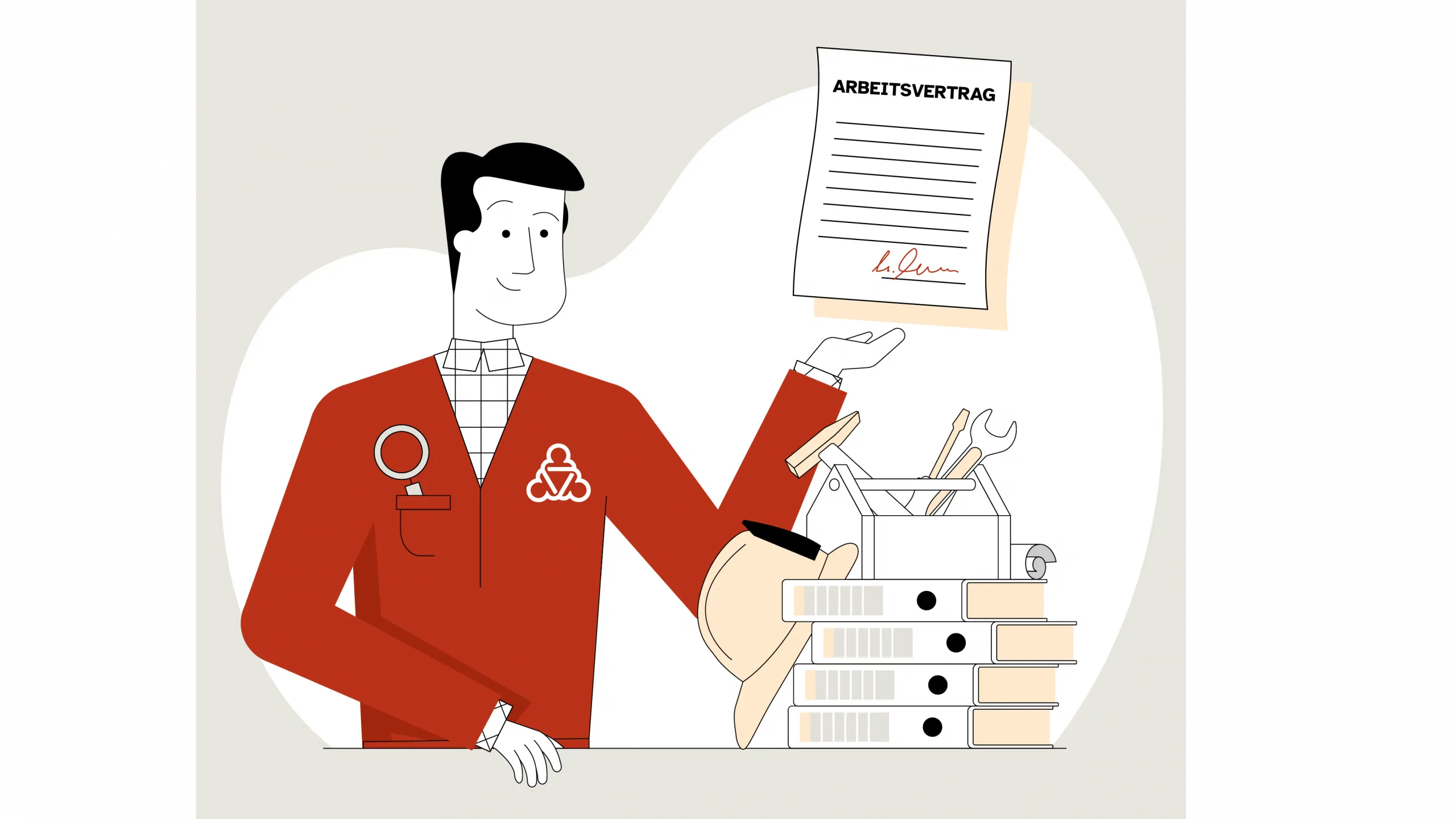 Der Wegweiser präsentiert einen unterzeichneten Arbeitsvertrag. Es sind auch Aktenordner und Werkzeuge zu sehen. 