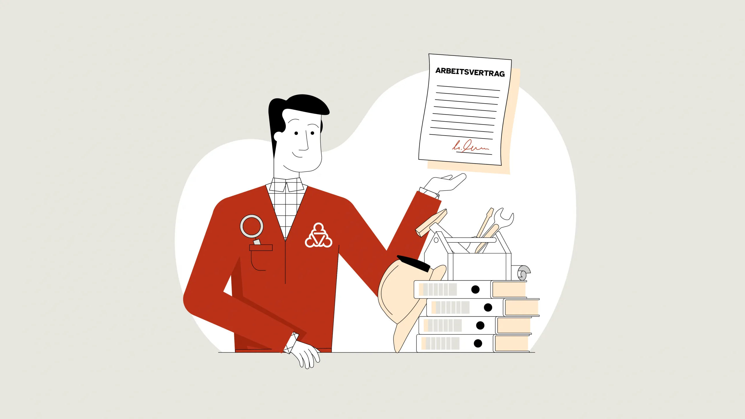 Der Wegweiser präsentiert einen unterzeichneten Arbeitsvertrag. Es sind auch Aktenordner und Werkzeuge zu sehen. 