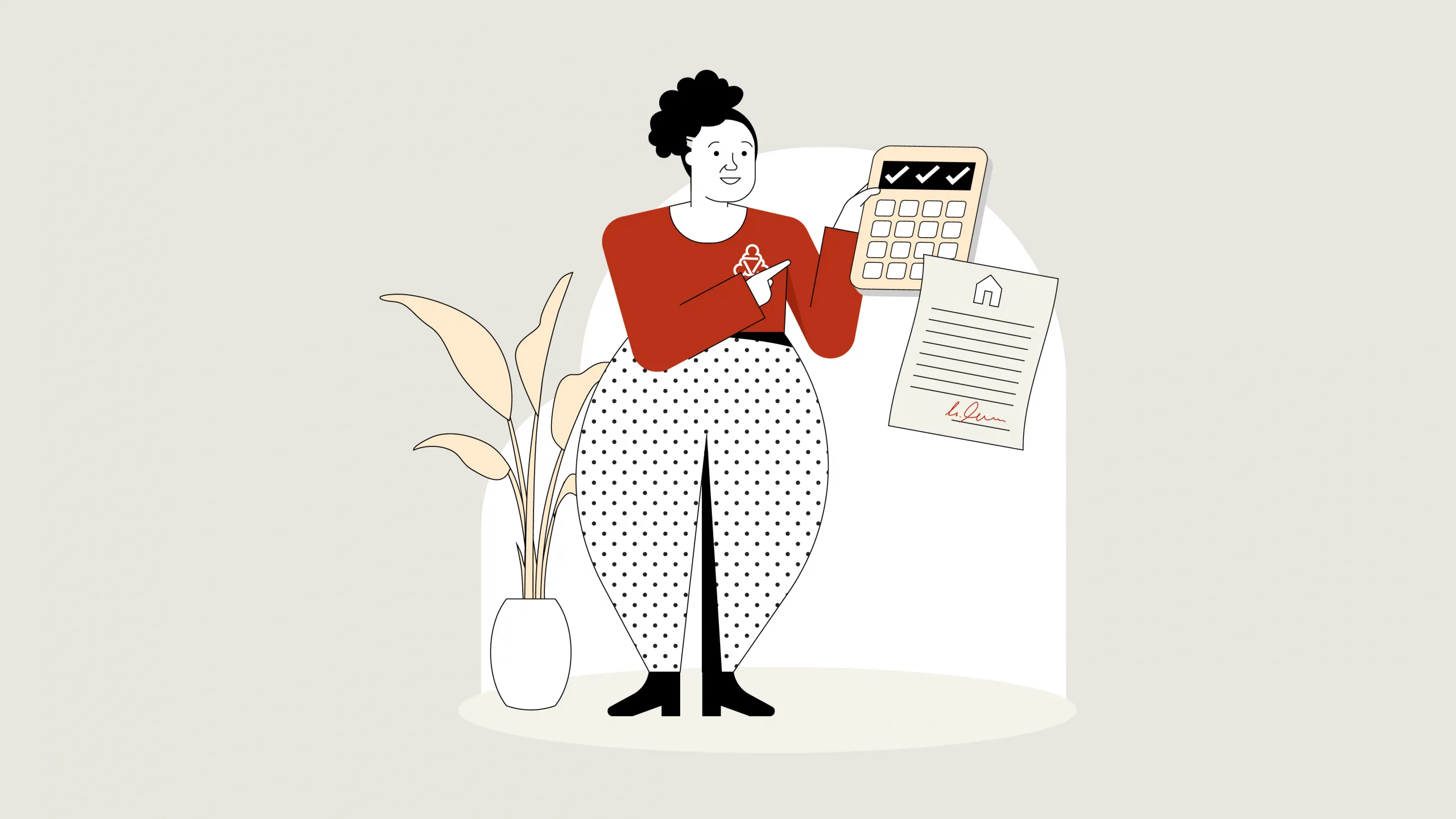 Illustration der Wegweiserin. Sie hält einen Taschenrechner in ihrer linken Hand. Mit der rechten Hand zeigt sie auf den Taschenrechner. Davor schwebt die Illustration eines Mietvertrags.