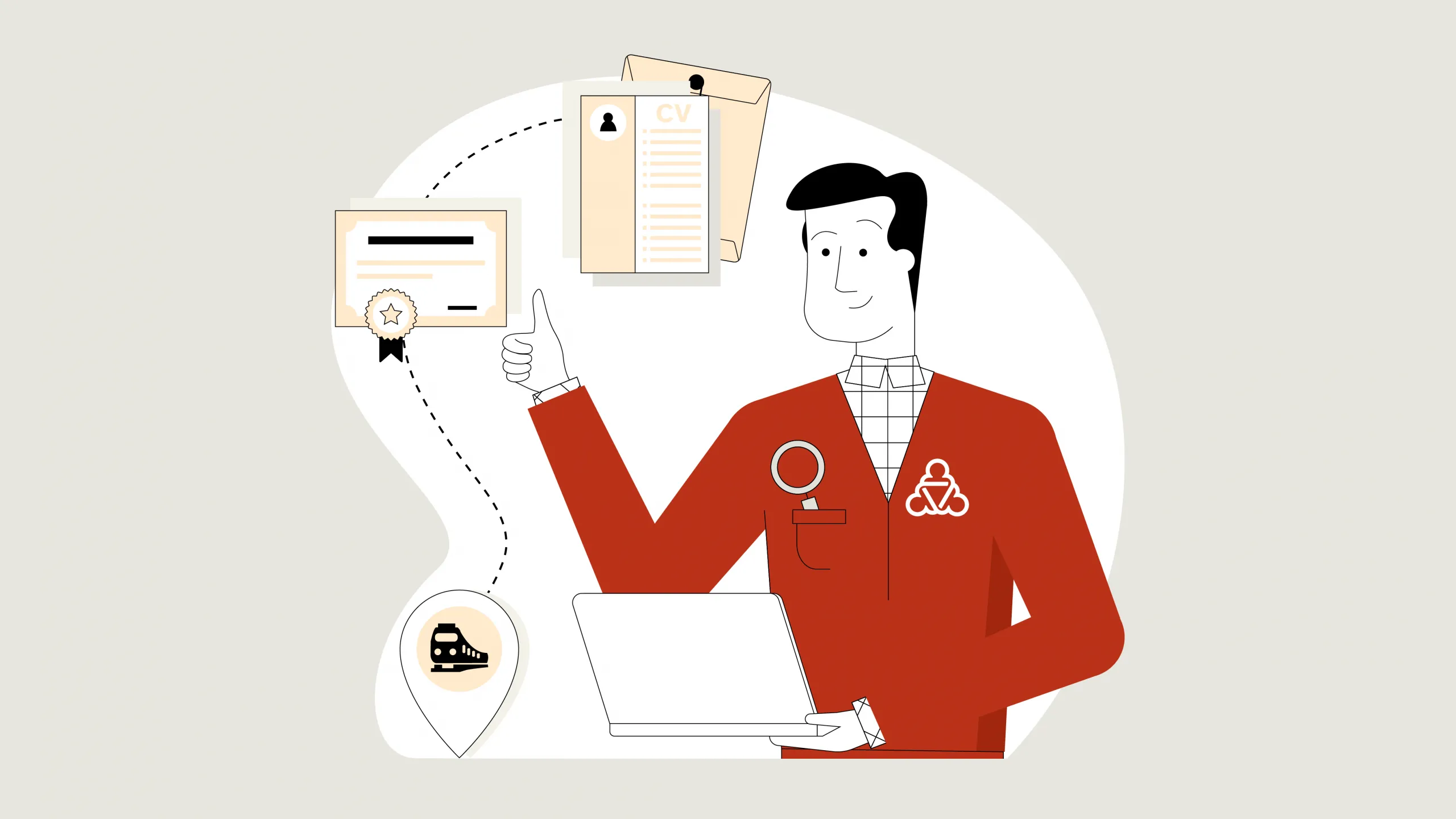 Der Wegweiser präsentiert einen Lebenslauf, ein Zertifikat und ein Nahverkehrsticket.