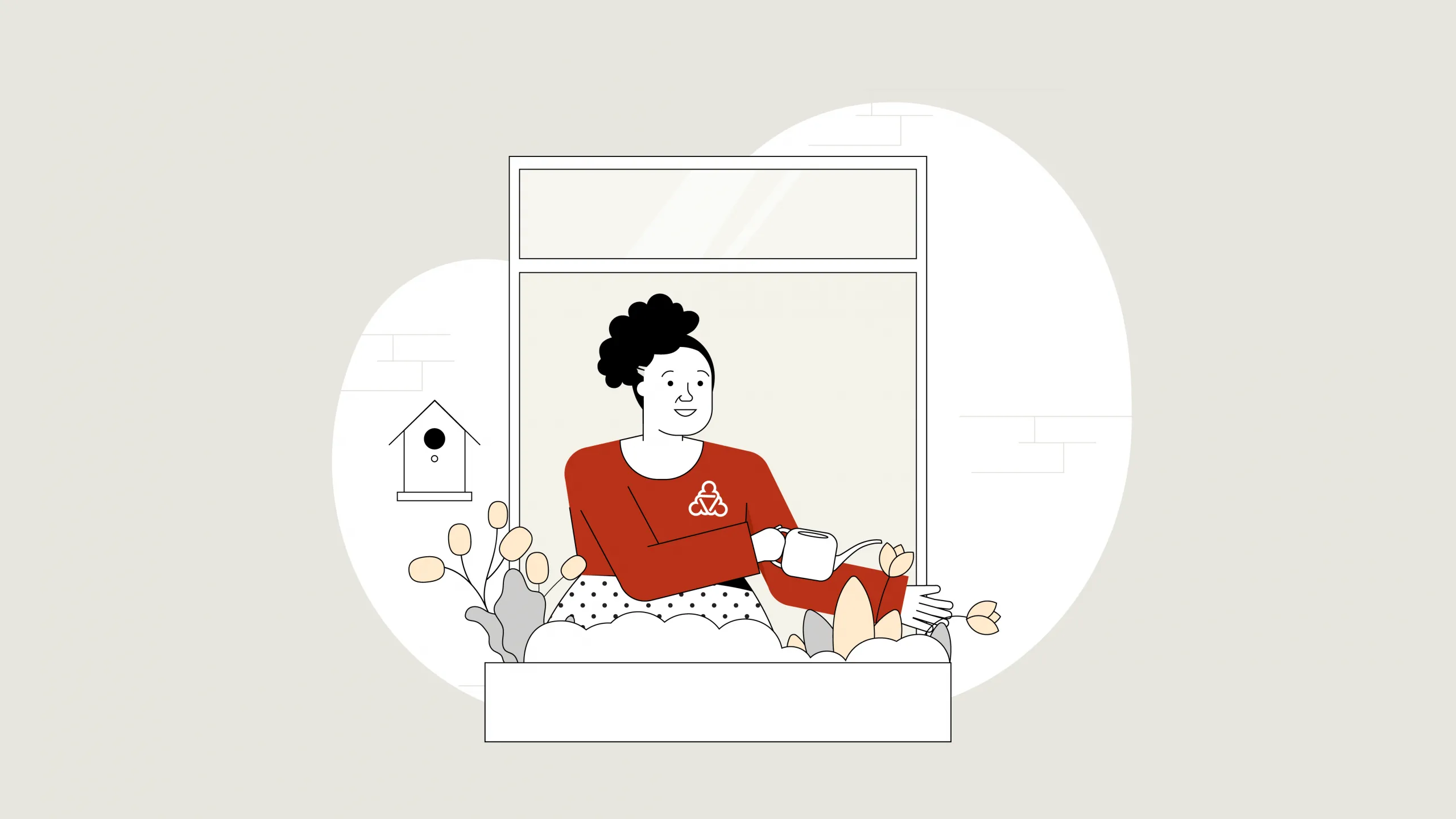 Illustration einer Frau- Sie steht im offenen Fenster und gießt Blumen in einem Blumenkasten