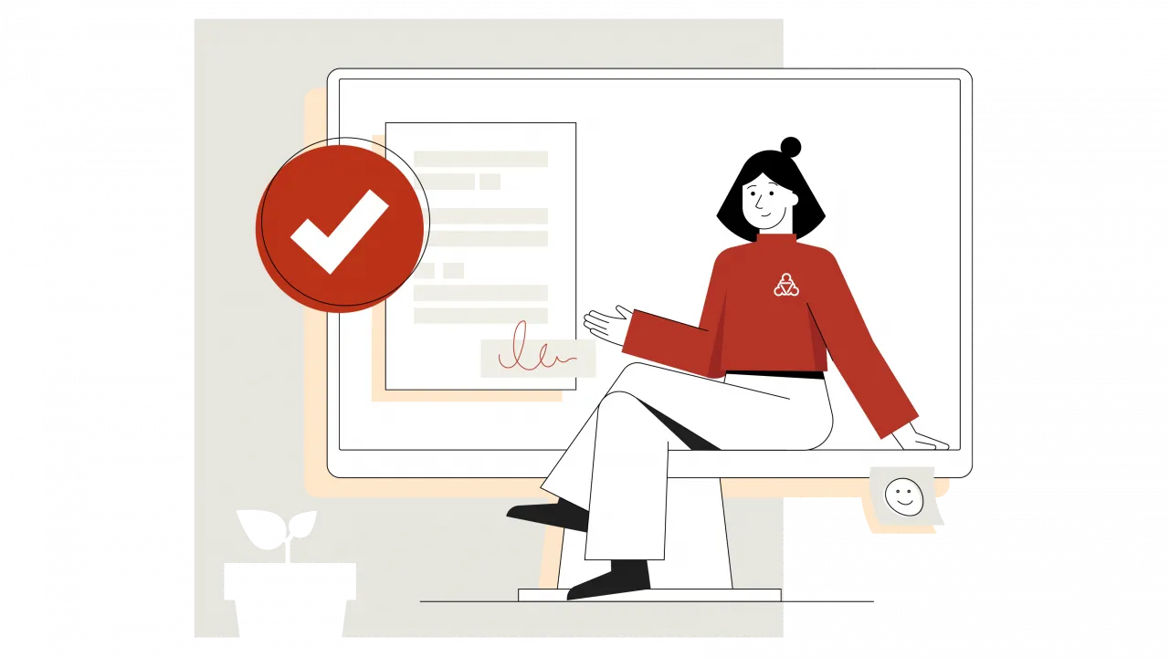 Eine Figur der Sozialplattform sitzt in einer illustrierten Bildschirm mit Antrag.