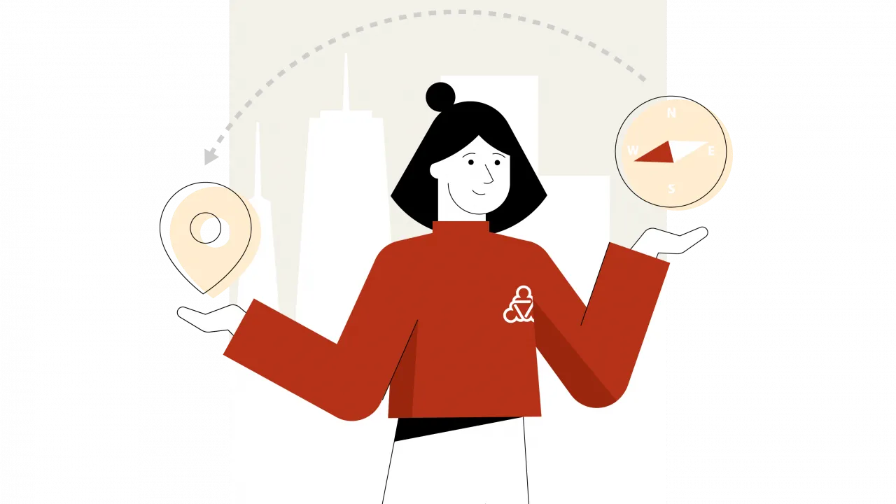 Eine Figur der Sozialplattform jongliert mit Navigations-Symbolen.