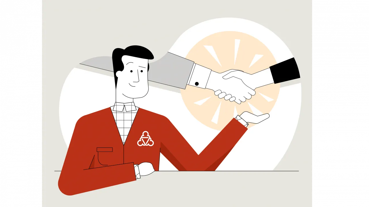 Der Wegweiser präsentiert den Handschlag zweier Personen.