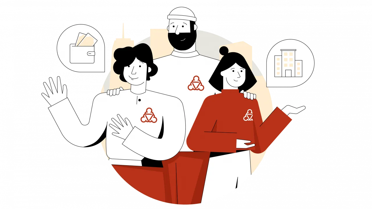 Drei illustrierte Figuren der Sozialplattform.