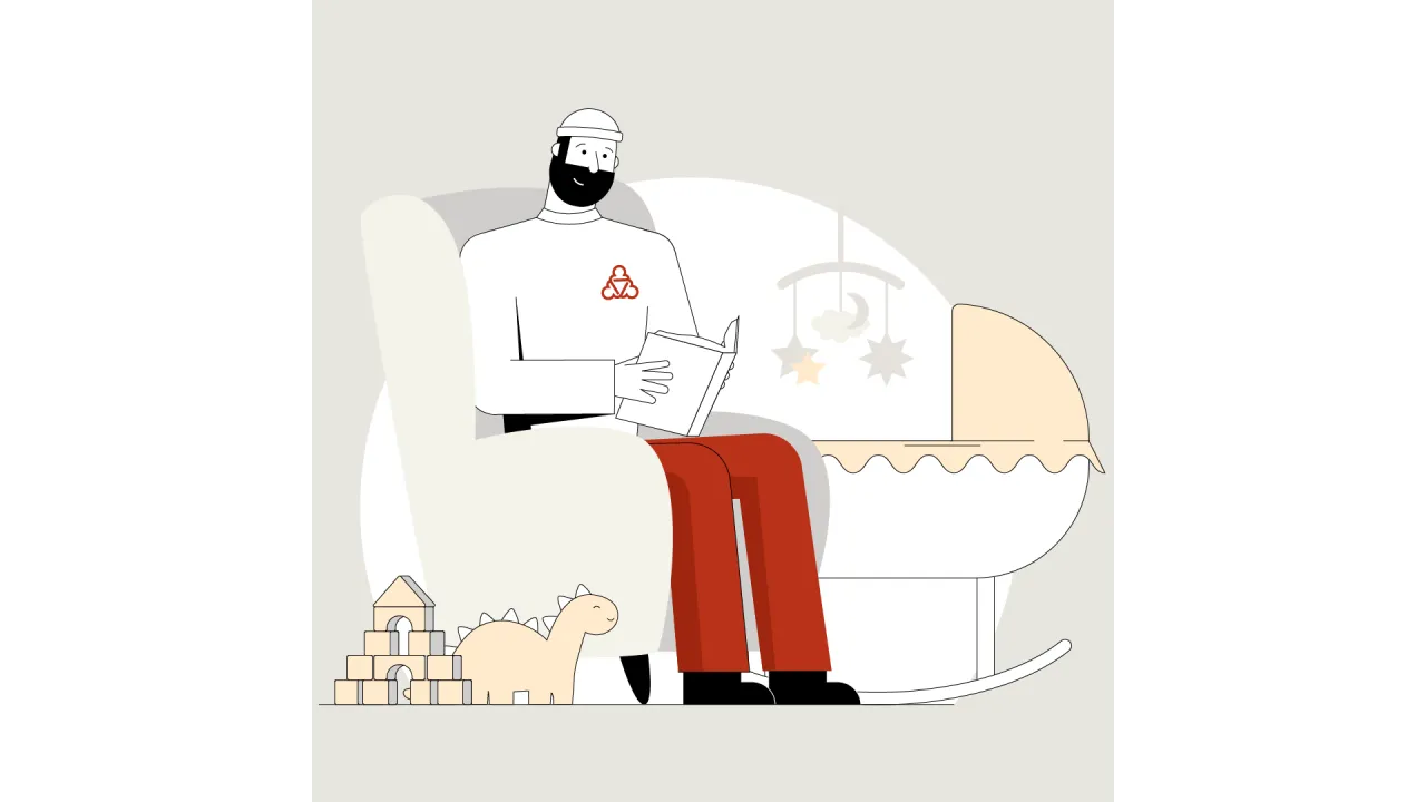 illustration des Wegweisers. Er sitzt mit einem Buch n der Hand in einem Sessel.Daneben steht eine Babywiege. Vor ihm liegen Kinderspielzeuge.