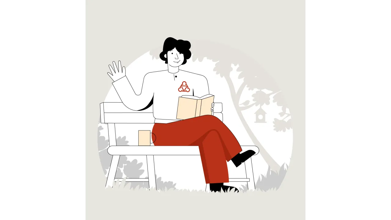 Eine illustrierte Figur sitzt auf einer Bank und hält ein Buch in der Hand. Neben der Figur steht eine Tasse auf der Bank. Die Bank ist in einem Wald.