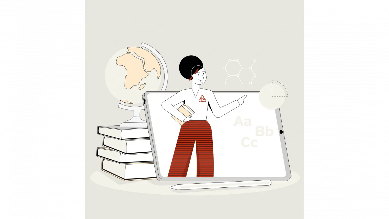 Die Wegweiserin schaut aus einem Tablet heraus, welches an einen Stapel Bücher angelehnt horizontal aufgestellt ist. Sie zeigt auf Symbole, die mit der Schule zusammenhängen.