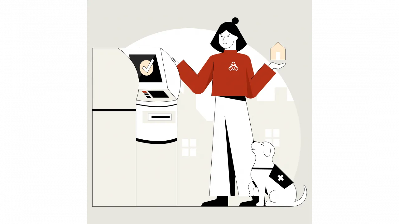 Illustration der Wegweiserin. Sie hat schwarze Haare, ein rotes Oberteil mit dem logo der Sozialplattform und eine weiße Hose an. Sie steht an einem Bankautomaten. Neben ihr sitzt ein Hund.