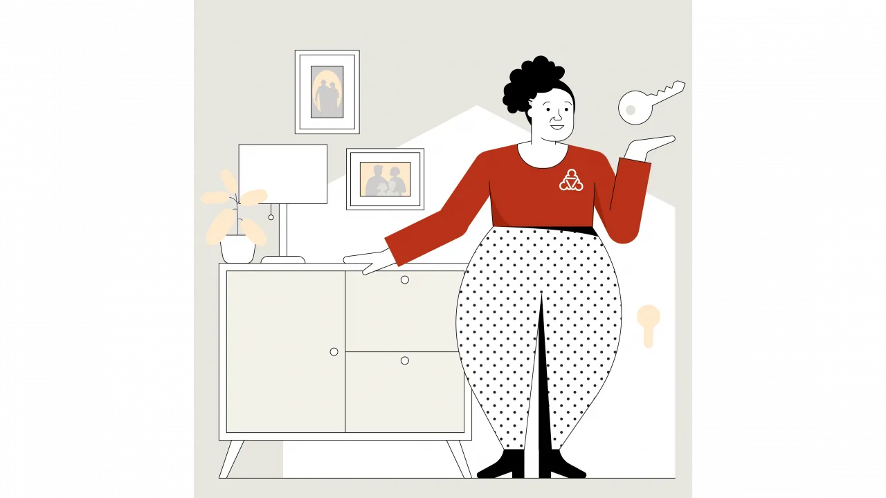 Illustration der Wegweiserin. Sie steht vor einem Sideboard. Über dem Sideboard sind Bilder an der Wand zu sehen. Über ihrer linken Hand schwebt ein Schlüssel.
