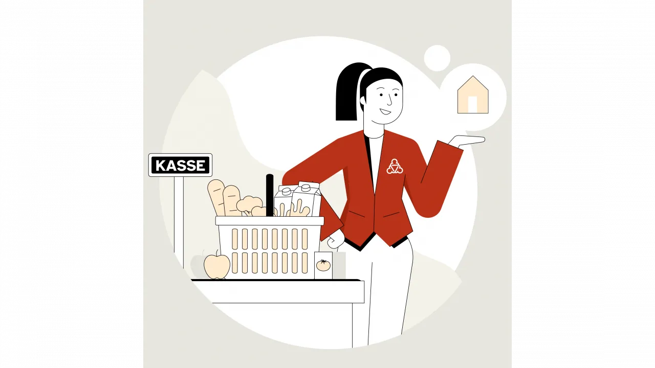 Eine illustrierte Figur steht an der Kasse mit Einkäufen