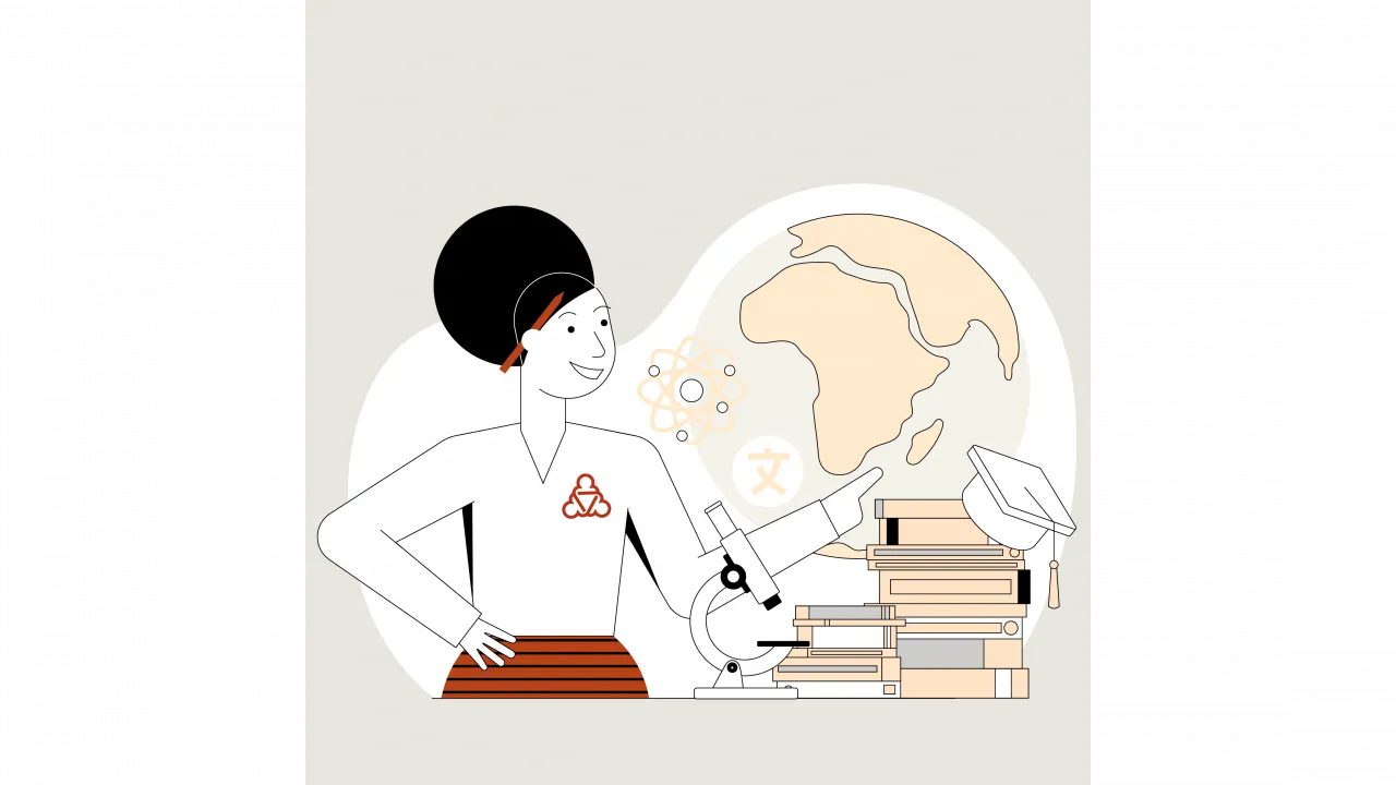 Illustration der Wegweiserin mit Globus im Hintergrund und einem Tapel Bücher sowie einem Abschluss-Hut auf dem Tisch.