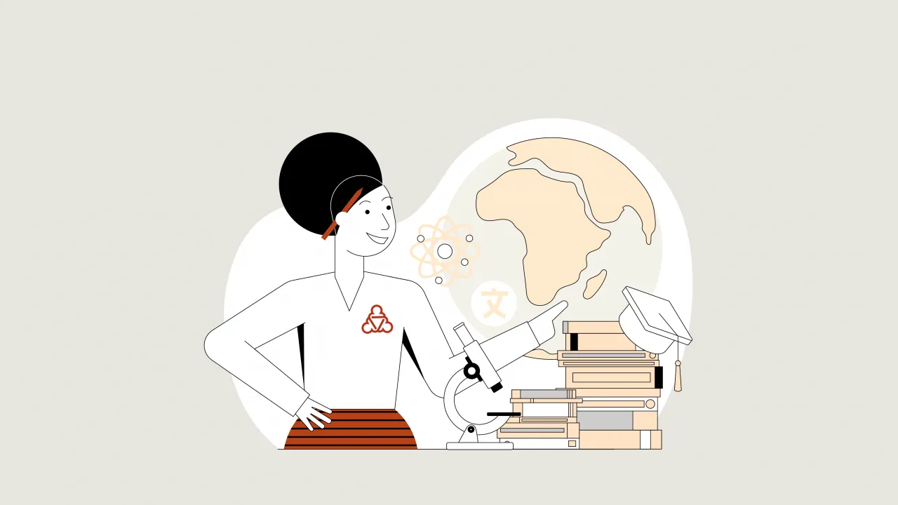 Illustration der Wegweiserin mit Globus im Hintergrund und einem Tapel Bücher sowie einem Abschluss-Hut auf dem Tisch.