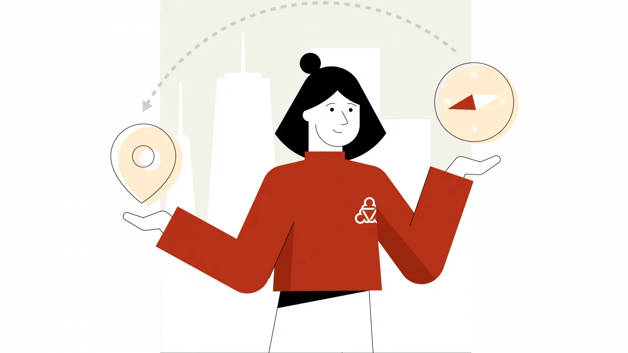 Illustration einer Wegweiserin-über ihrer einen Hand schwebt ein Wegpunkt, über der anderen ein Kompass.