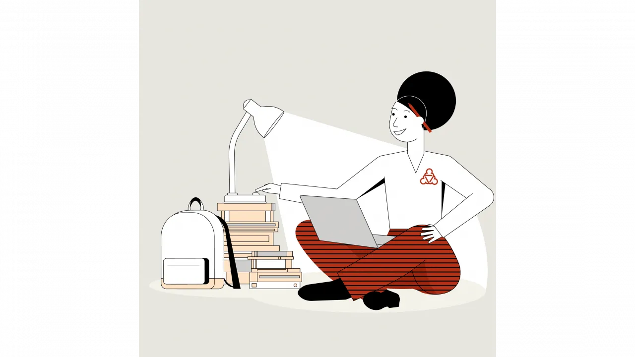 Illustration der Wegweiserin. Sie sitzt im Schneidersitz auf dem Boden, auf ihren Beinen ein Laptop. Neben ihr ein Rucksack sowie ein Stapel Bücher und eine Lampe. Der Lichtkegel ist auf die Wegweiserin gerichtet.