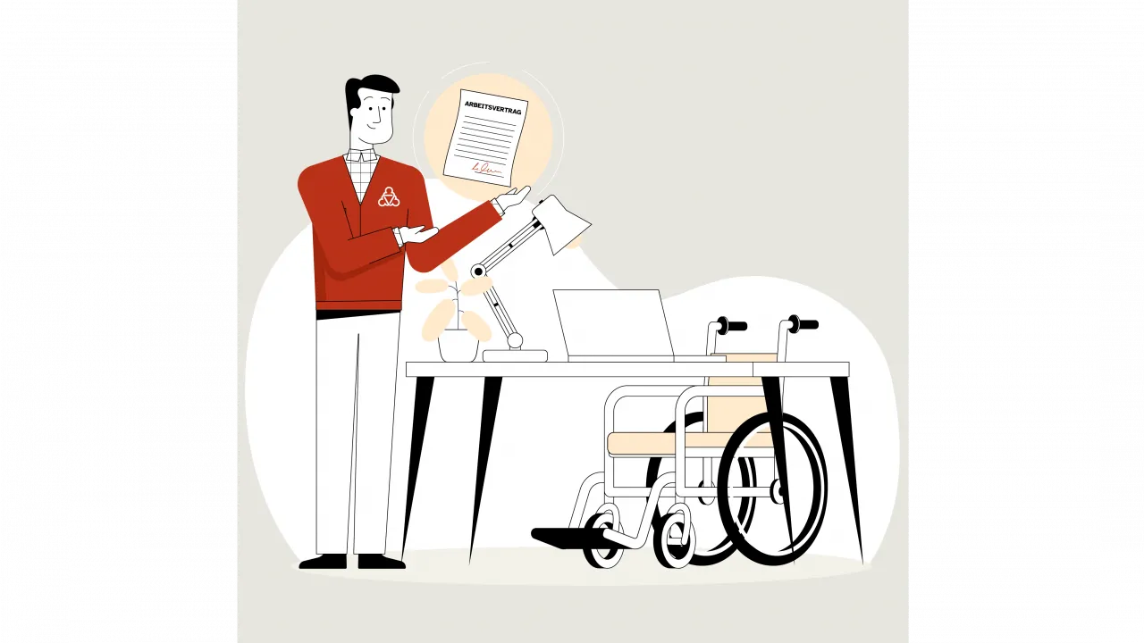Der Wegweiser hält einen Arbeitsvertrag. Er steht an einem Schreibtisch mit Rollstuhl.