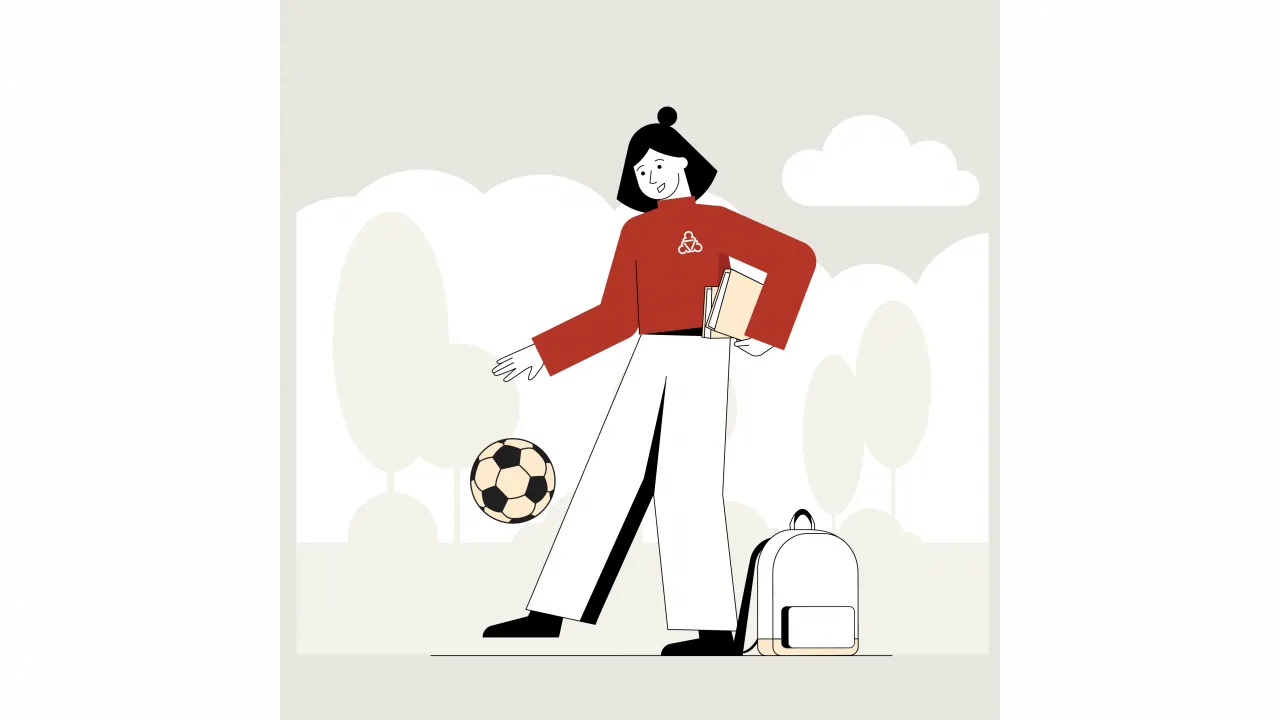 Illustration der Wegweiserin. Sie spielt mit einem Fußball. Neben ihr steht ein Rucksack. Unter dem linken Arm trägt sie zwei Bücher.