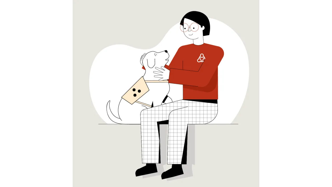 Die Wegweiserin streichelt einen Blindenhund.