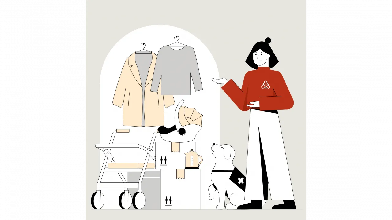 Illustrierte Frau mit schwarzen Haaren zeigt auf eine Wand mit Kleidung an Haken, einem Rollator,  Umzugskartons und einer Babytrage.