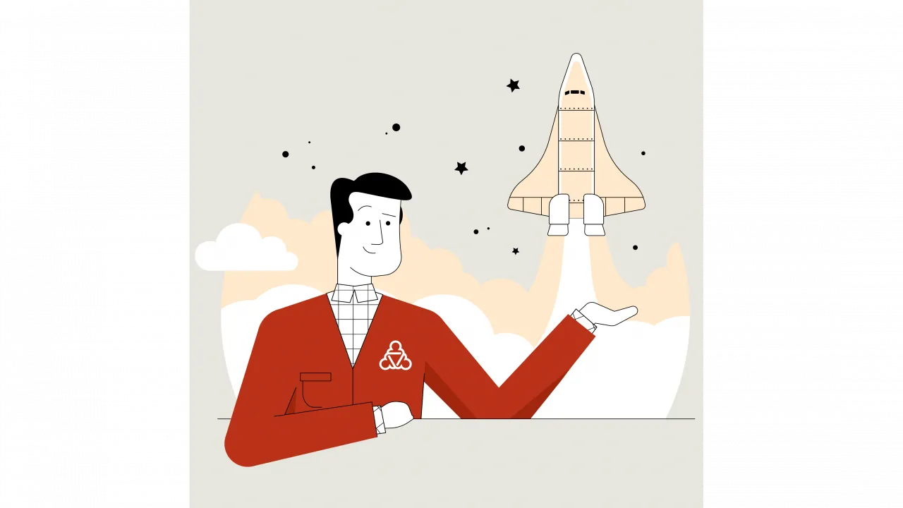 Der Wegweiser präsentiert eine startende Rakete.