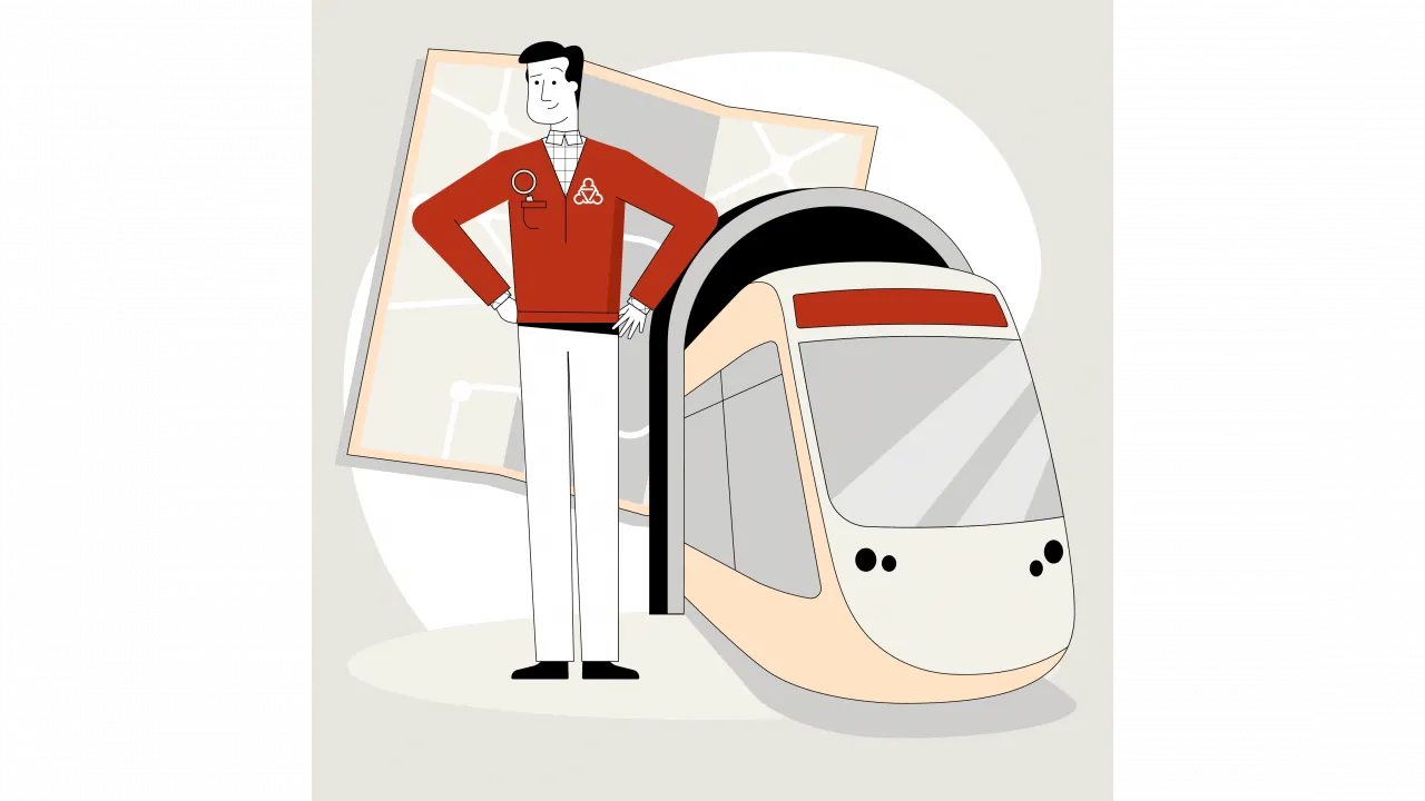 Eine illustrierte Figur steht neben einem Zug. Im Hintergrund ist eine Landkarte zu sehen.