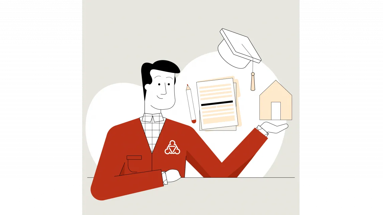 Der Wegweiser umgeben von Schulbedarfsgegenständen.