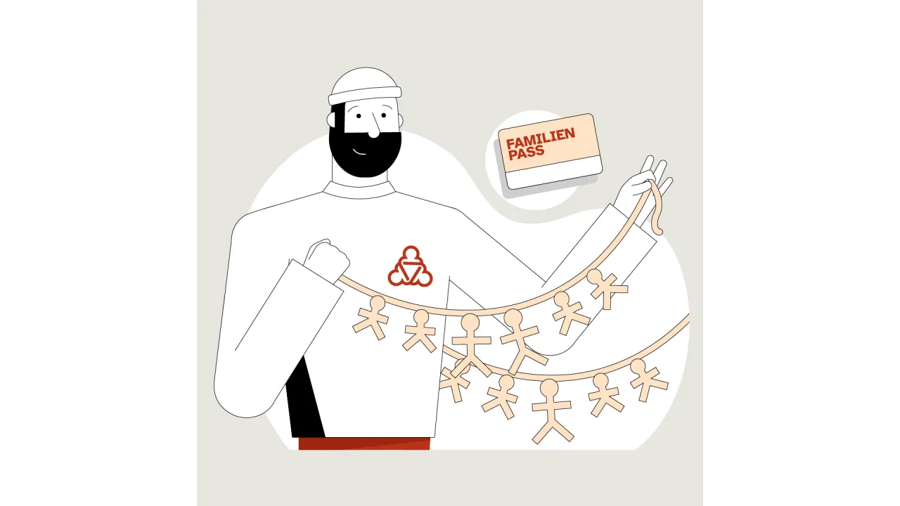 Illustration des Wegweisers. Er hält eine Scherenschnitt-Girlande. Daneben ist der Familienpass abgebildet.