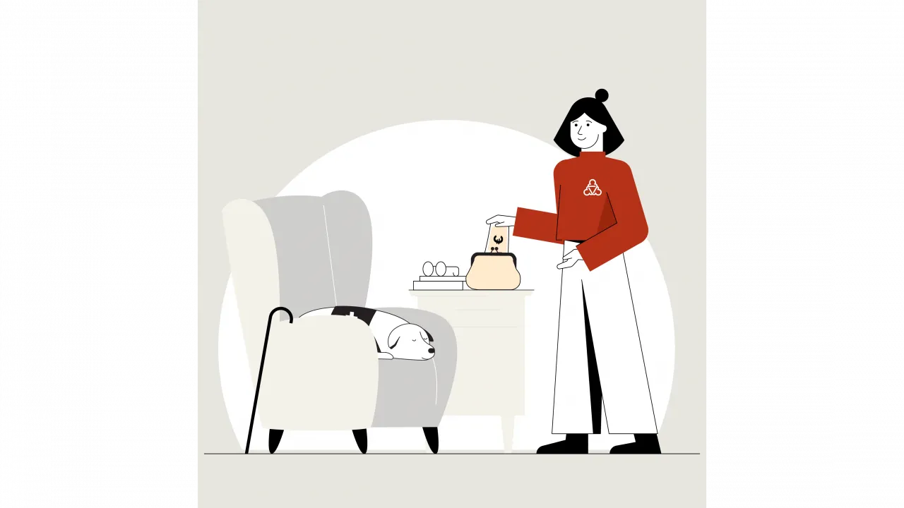 Weibliche Figur mit schwarzen Haaren, rotem Shirt und weißer Hose steht vor einem Sessel. Auf diesem liegt ein Hund. Die Figur wirft Geld in ein Portemonnaie, das auf dem Tisch neben dem Sessel steht.