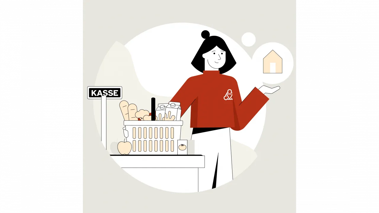 Eine illustrierte Figur steht an der Kasse mit Einkäufen.