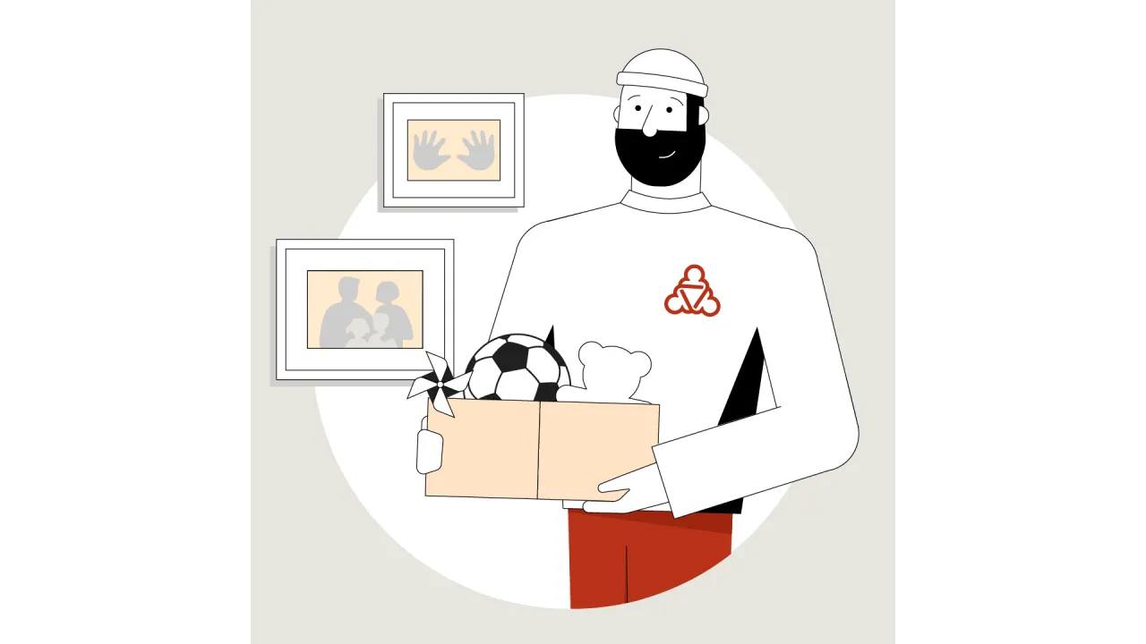 Illustration des Wegweiser. Er hält eine Kiste mit Spielzeug in der Hand.