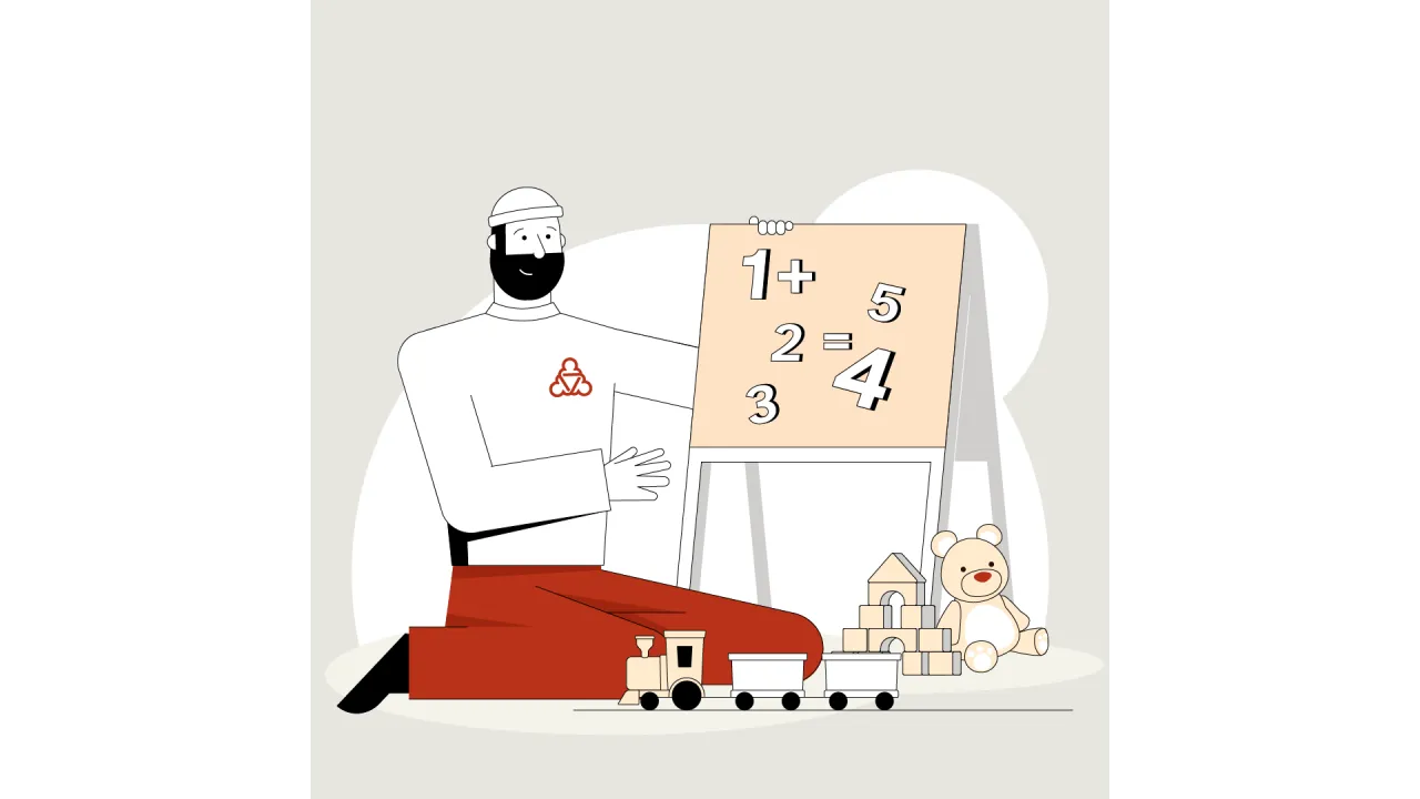 Illustration des Wegweisers. Er sitzt auf dem Boden und hat eine ABC-Tafel vor sich. Vor der Tafel liegen weitere Spielzeuge.